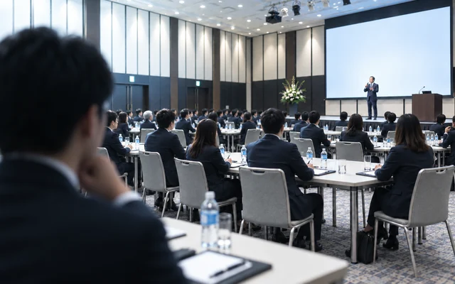 長机2台を合わせた6名掛けの席で参加者が基調講演を聴く会場のイメージ