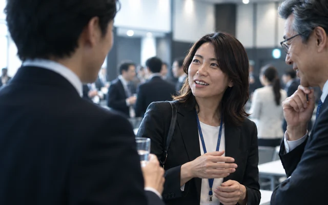 会場で参加者同士が交流するイメージ
