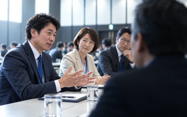 長机2台を合わせたテーブルを6名で囲み、参加者同士で議論するイメージ